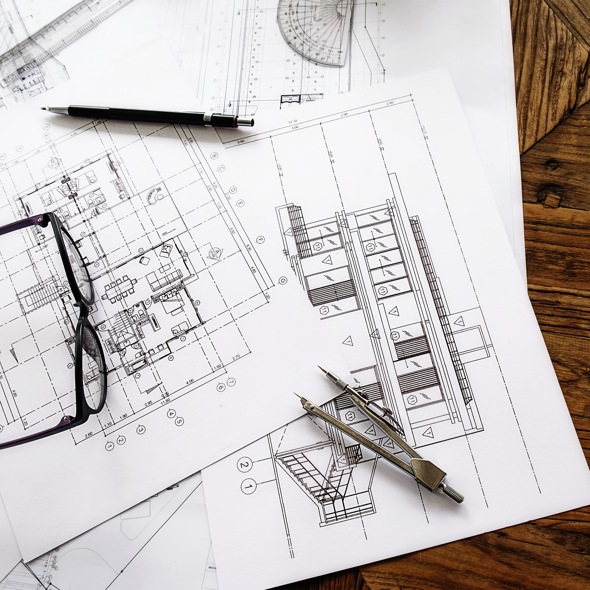 Image of engineering objects on workplace top view.Construction concept. Engineering tools.Vintage tone retro filter effect,soft focus(selective focus)